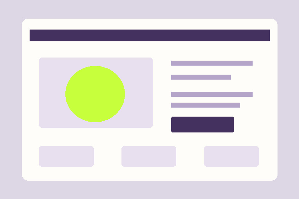 紫色頁首、綠色主圖與三張卡片，日常選物網站版型示意
